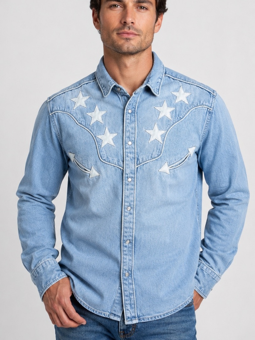 Copper Rivet men’s Denim Factory Western Snap Shirt Blue Star size Medium Cowboy